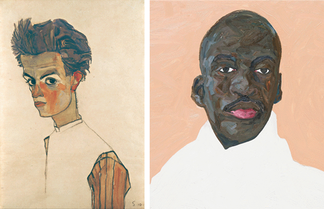 CAPTION: [LEFT] Egon Schiele, Self-Portrait with Striped Shirt, 1910, Leopold Museum, Vienna. Image: Bridgeman Images  CAPTION: [RIGHT] Detail of the present work